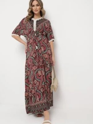 Zdjęcie produktu Czarno-Bordowa Rozkloszowana Sukienka Maxi w Stylu Boho z Chwostami i Wzorem Paisley Naphai
