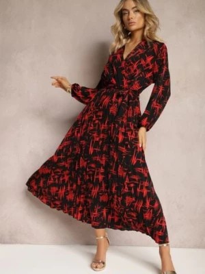 Zdjęcie produktu Czarno-Czerwona Kopertowa Sukienka Maxi z Plisowanym Dołem i Gumką w Talii Amillica