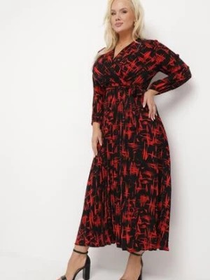Zdjęcie produktu Czarno-Czerwona Rozkloszowana Sukienka Maxi z Gumką w Talii i Abstrakcyjnym Wzorem Akallia
