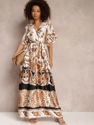 Zdjęcie produktu Czarno-Kremowa Kopertowa Sukienka Maxi z Gumką w Talii i Rozkloszowanym Dołem Jeanina