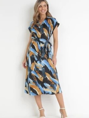 Zdjęcie produktu Czarno-Niebieska Koszulowa Sukienka Midi z Materiałowym Paskiem i Krótkimi Rękawami Brala