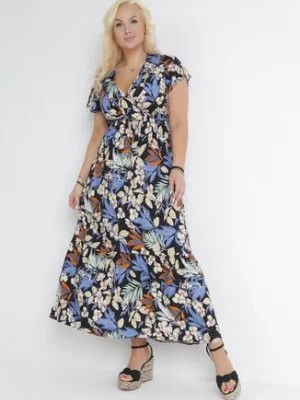 Zdjęcie produktu Czarno-Niebieska Sukienka w Kwiaty z Falbankami i Gumką w Pasie Galbasi