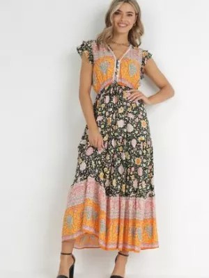 Zdjęcie produktu Czarno-Pomarańczowa Sukienka Maxi z Wiskozy w Stylu Boho Larres