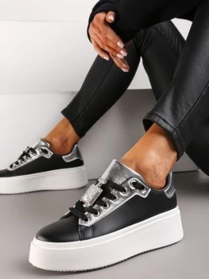 Zdjęcie produktu Czarno-Srebrne Sneakersy na Platformie z Odpinaną Aplikacją z Cyrkoniami na Sznurówkach Oceanette