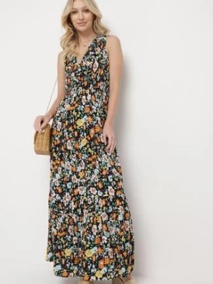 Zdjęcie produktu Czarno-Zielona Sukienka Maxi z Trójkątnym Dekoltem i Kwiatowym Motywem z Falbanką Moraila