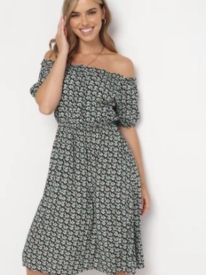 Zdjęcie produktu Czarno-Zielona Sukienka Wiskozowa z Hiszpańskim Dekoltem i Gumką w Talii Masandrt