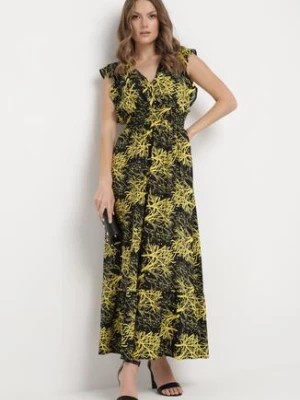 Zdjęcie produktu Czarno-Żółta Maxi Sukienka Rozkloszowana z Wiskozy z Kopertową Górą Wiracia