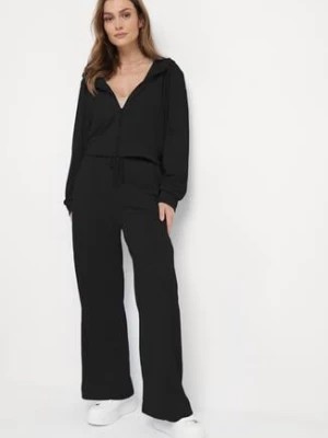 Zdjęcie produktu Czarny 2-częściowy Komplet Dresowy Krótka Bluza z Kapturem Spodnie z Gumką w Pasie Faelle