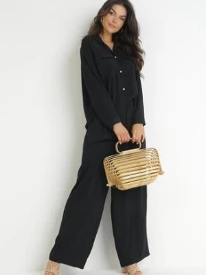 Zdjęcie produktu Czarny 2-częściowy Komplet Oversize z Koszulą i Szerokimi Spodniami Tialla