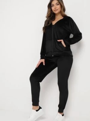 Zdjęcie produktu Czarny 2-Częściowy Welurowy Komplet Dresowy ze Spodniami i Bluzą z Kapturem Bondia