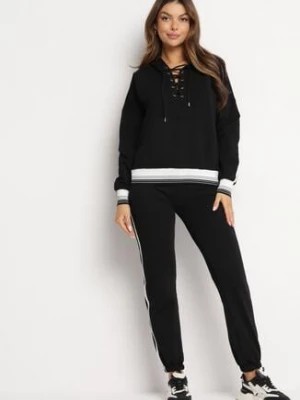 Zdjęcie produktu Czarny Bawełniany Komplet Dresowy Bluza Kangurka i Spodnie z Lampasami Cantoe