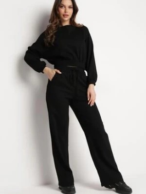 Zdjęcie produktu Czarny Komplet Bawełniany Spodnie Szerokie ze Sznurkiem w Pasie i Bluza ze Ściągaczami Urionne