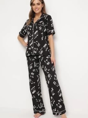 Zdjęcie produktu Czarny Komplet Piżamowy w Print z Wiskozy Spodnie z Gumką w Talii i Koszulowa Góra Adispro
