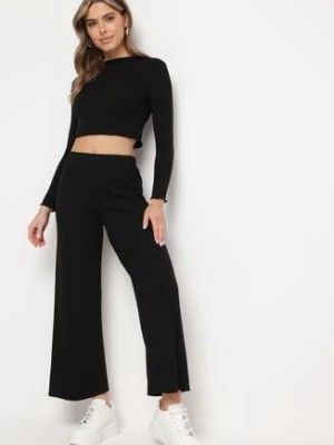 Zdjęcie produktu Czarny Komplet Prążkowany 2-Częściowy Krótka Bluzka i Proste Szerokie Spodnie Bellamora