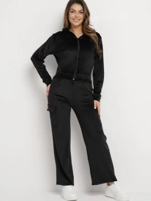Zdjęcie produktu Czarny Welurowy Komplet Dresowy Bluza z Kapturem i Szerokie Spodnie Anirle