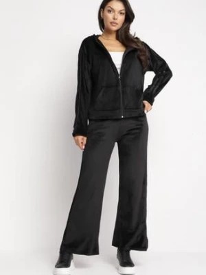Zdjęcie produktu Czarny Welurowy Komplet Dresowy Bluza z Kapturem i Szerokie Spodnie Denika