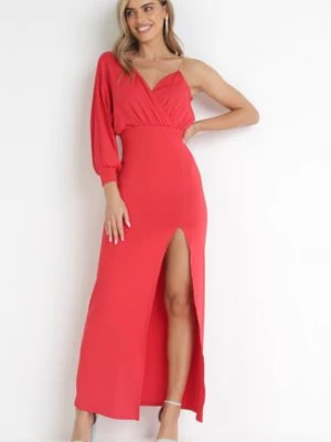 Zdjęcie produktu Czerwona Asymetryczna Sukienka Maxi na Jedno Ramię z Łańcuszkiem Przy Ramieniu Kesilli