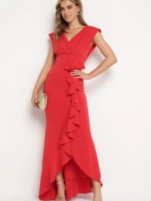 Zdjęcie produktu Czerwona Asymetryczna Sukienka z Dekoltem V i Ozdobną Falbaną Efiola