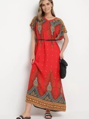 Zdjęcie produktu Czerwona Bawełniana Sukienka Pudełkowa Długa w Abstrakcyjny Wzór Olatias