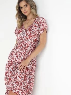 Zdjęcie produktu Czerwona Bawełniana Sukienka w Kwiatki z Gumką w Talii i Guzikami Ronalika