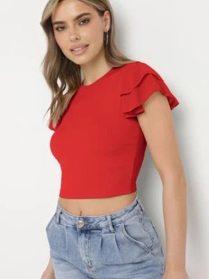 Zdjęcie produktu Czerwona Bluzka Top z Prążkowanej Dzianiny z Ozdobnymi Falbankami przy Rękawach Iloenna