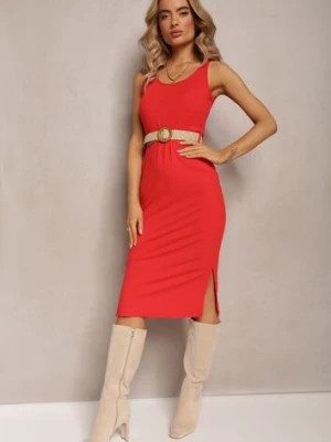 Zdjęcie produktu Czerwona Dopasowana Midi Sukienka z Prążkowanego Materiału z Plecionym Paskiem Caidince