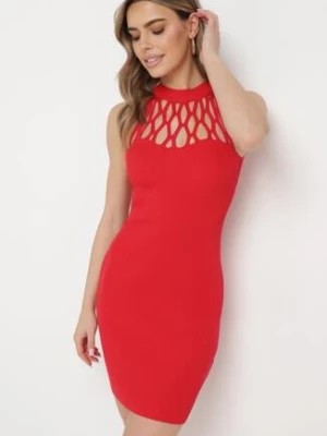 Zdjęcie produktu Czerwona Dopasowana Sukienka Mini z Ozdobnym Dekoltem z Prążkowanej Dzianiny Kaile