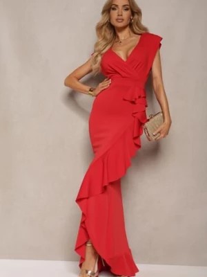 Zdjęcie produktu Czerwona Elegancka Sukienka Długa o Asymetrycznym Fasonie z Dekoltem w V i Falbaną Efimea