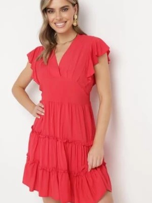 Zdjęcie produktu Czerwona Gładka Sukienka Mini Taliowana z Falbankami Wokół Ramion Zynnas