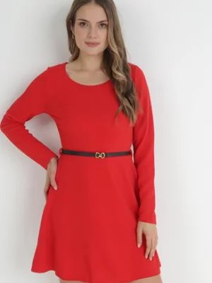 Zdjęcie produktu Czerwona Gładka Sukienka Mini z Długimi Rękawami Irimona