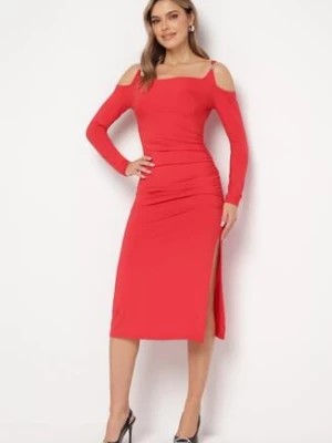 Zdjęcie produktu Czerwona Koktajlowa Sukienka z Wyciętym Ramionami z Klamerką i Marszczeniem Glimie