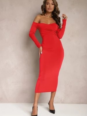 Zdjęcie produktu Czerwona Kopertowa Sukienka Midi Hiszpanka o Dopasowanym Kroju Vervena