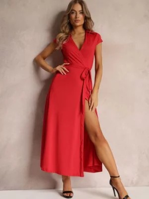 Zdjęcie produktu Czerwona Kopertowa Sukienka z Kołnierzykiem i Wiązaniem w Talii Hadly