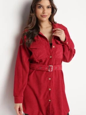 Zdjęcie produktu Czerwona Koszula o Długim Fasonie ze Sztruksu z Paskiem na Klamerkę Nawin