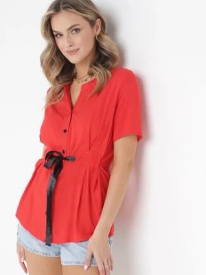 Zdjęcie produktu Czerwona Koszula z Ozdobnym Wiązaniem w Talii z Wiskozy Sarenitte