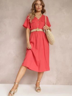 Zdjęcie produktu Czerwona Koszulowa Sukienka Midi z Bawełny z Gumką w Talii i Plecionym Paskiem Emera