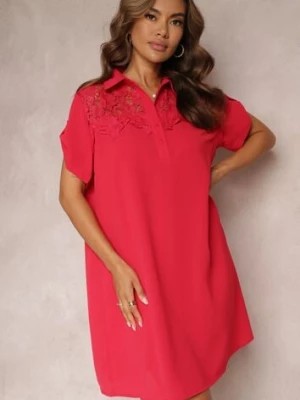Zdjęcie produktu Czerwona Koszulowa Sukienka z Ozdobną Koronką i Krótkim Rękawem Cinzia