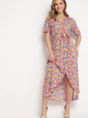Zdjęcie produktu Różowo-Niebieska Kwiatowa Sukienka Midi z Wiskozy Krótkim Rękawem i Paskiem Glowia