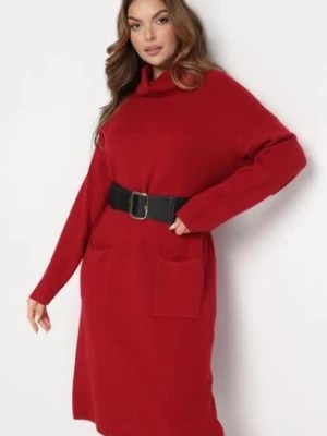 Zdjęcie produktu Czerwona Pudełkowa Sukienka Midi z Golfem i Kieszeniami Bikara