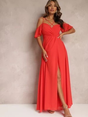 Zdjęcie produktu Czerwona Rozkloszowana Sukienka Maxi o Kopertowym Fasonie na Cienkich Ramiączkach Burwena