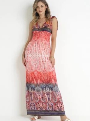 Zdjęcie produktu Czerwona Rozkloszowana Sukienka Maxi z Cienkimi Gumkami w Pasie i Kopertowym Dekoltem Clothilda