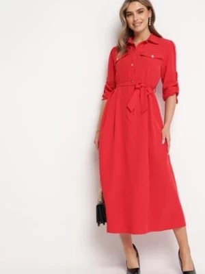 Zdjęcie produktu Czerwona Rozkloszowana Sukienka Maxi z Koszulową Górą i Wiązanym Paskiem Indiga