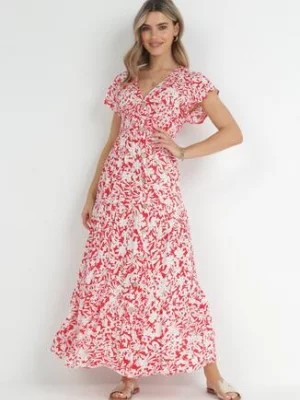 Zdjęcie produktu Czerwona Rozkloszowana Sukienka Maxi z Wiskozy z Gumkami w Pasie z Guzikami Deninie