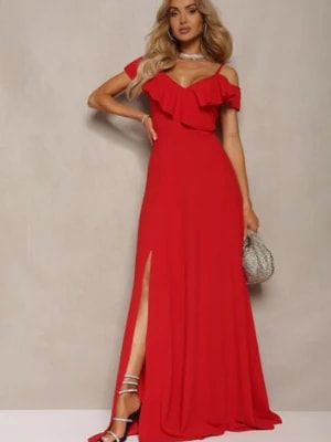 Zdjęcie produktu Czerwona Rozkloszowana Sukienka Typu Hiszpanka na Ramiączkach z Rozcięciem Neroli