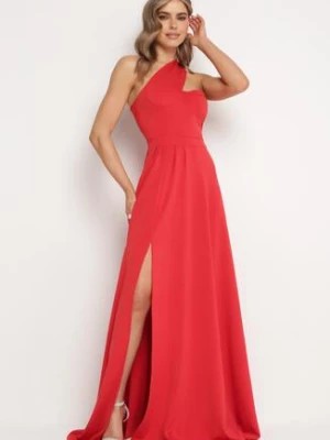 Zdjęcie produktu Czerwona Rozkloszowana Sukienka z Asymetryczną Górą i Wiązaniem na Ramieniu z Rozcięciem Efirey