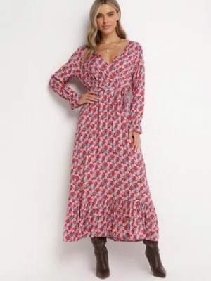 Zdjęcie produktu Czerwona Rozkloszowana Sukienka z Wiskozy i Wiązanym Paskiem Rosalima