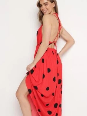 Zdjęcie produktu Czerwona Rozkloszowana Sukienka z Wiskozy Wiązana na Szyiu i Plecach z Gumką w Pasie Jessmarie