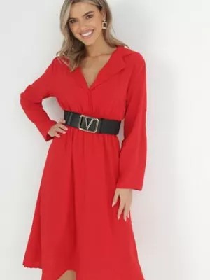 Zdjęcie produktu Czerwona Sukienka Koszulowa z Marszczoną Gumką w Talii Emonia