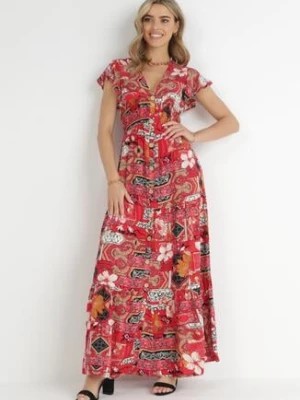 Zdjęcie produktu Czerwona Sukienka Maxi z Wiskozy z Gumką w Talii i Guzikami Nyllu