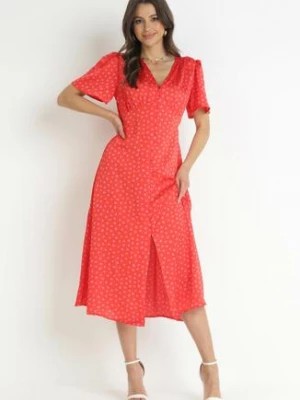 Zdjęcie produktu Czerwona Sukienka Midi z Głębokim Dekoltem i Gumką w Pasie Coriste